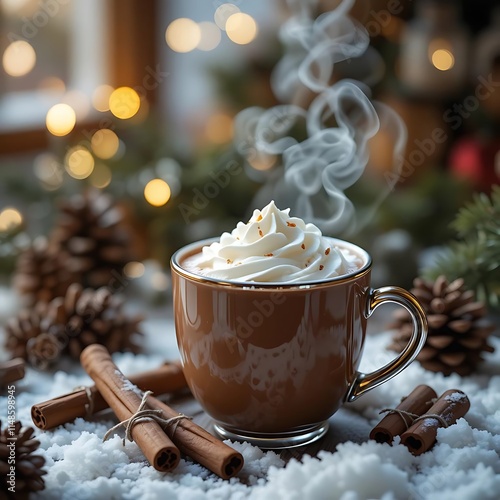 steaming hot chocolate with whipped cream and cinnamon sticks, cozy winter drink, holiday beverage still life, warm christmas drink