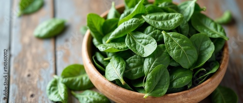Fresh green spinach leaves overflowing a wooden bowl placed on a rustic wooden table, symbolizing healthy eating, organic gardening, and nutritious vegetarian food.

