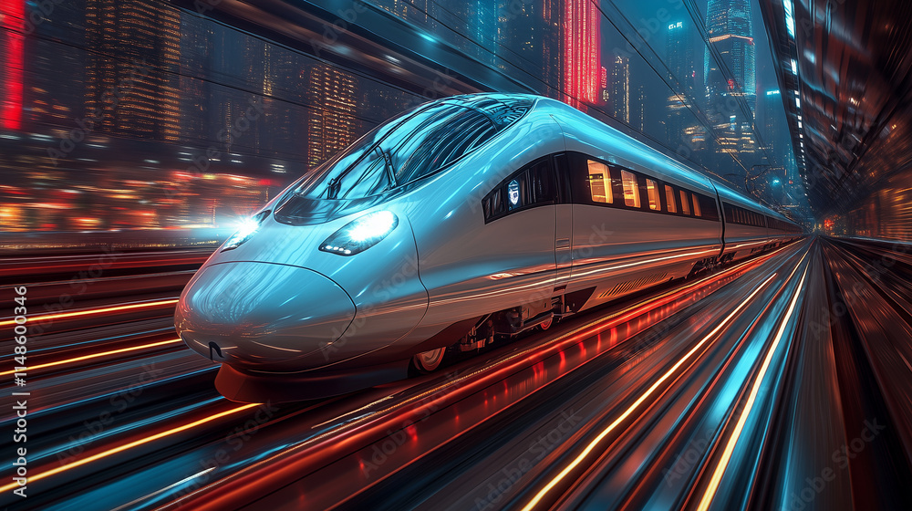 Fototapeta premium Futuristic High-Speed Train in Motion with Vibrant Cityscape Background