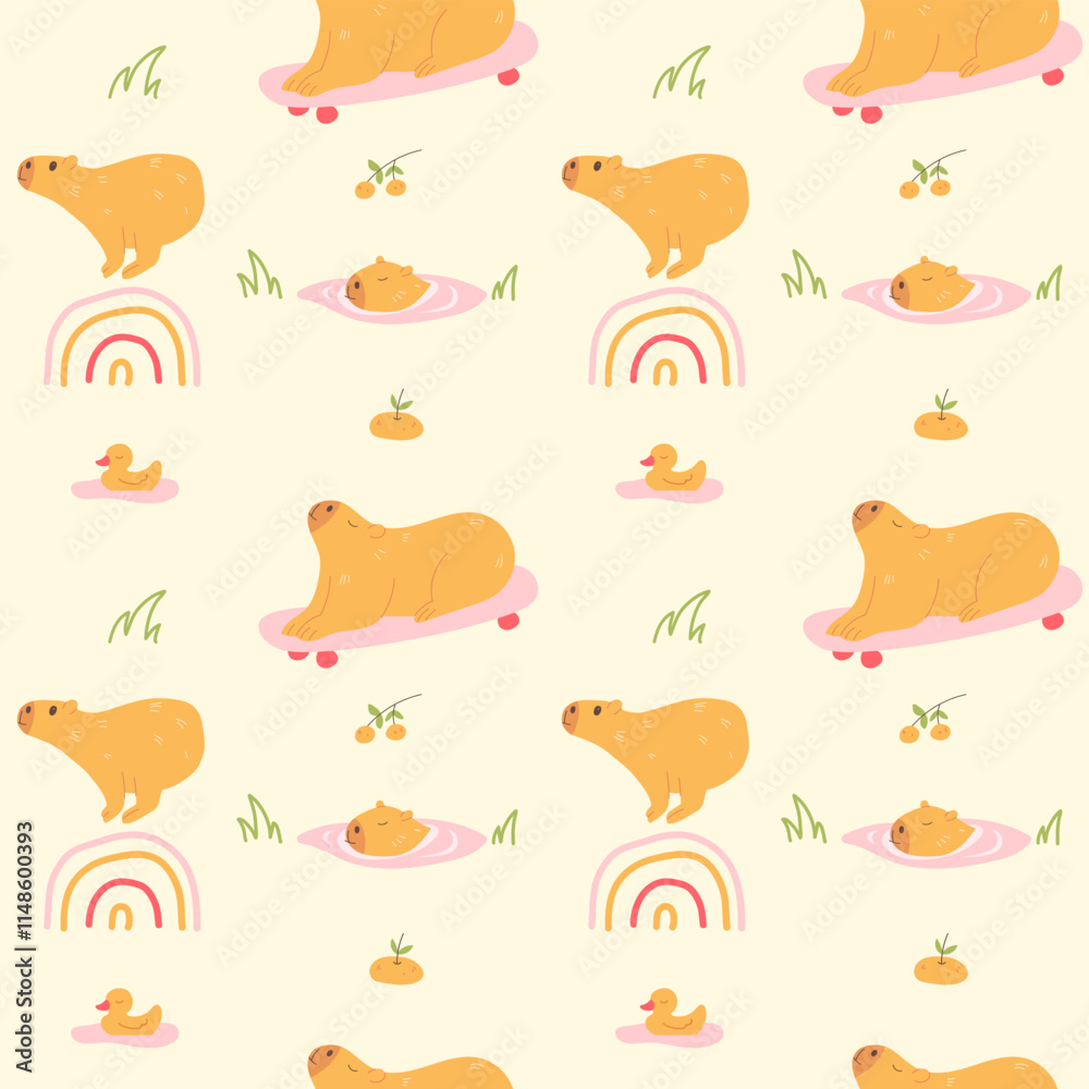 Seamless pattern with cute hand drawn capybaras Seamless pattern with cute hand drawn capybaras