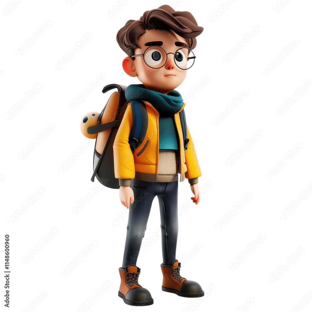 A cartoon boy wearing glasses and a yellow jacket with a backpack on his back A cartoon boy wearing glasses and a yellow jacket with a backpack on his back