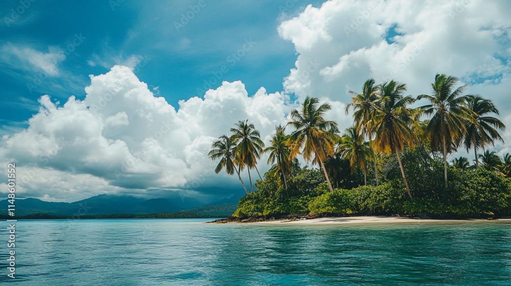 Tropical beach with palm trees and clear blue water under a sunny sky. Tropical beach with palm trees and clear blue water under a sunny sky.