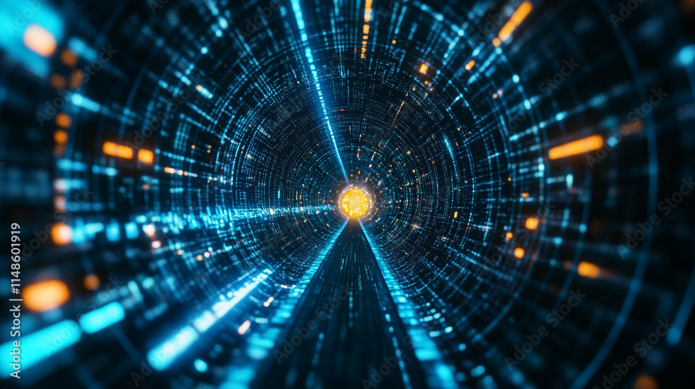 Obraz premium Visual representation of a futuristic tunnel withlowing lines and lights.