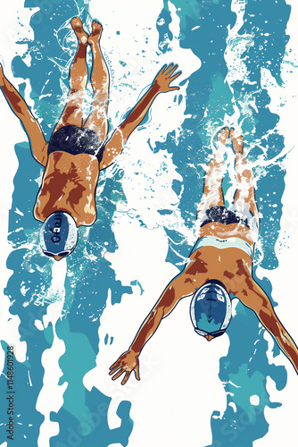 Male athlete swimmer doing a training exercise for a swimming sports race event by practising the breast stroke and diving underwater shown in a contemporary abstract painting, stock illustration