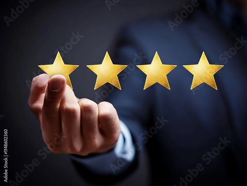 Customer evaluation feedback.men in suit Giving Positive Review for Client's Satisfaction Surveys.giving a Faur star rating. Service rating, satisfaction concept. photo