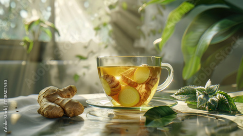 Ginger tea resting on a table surrounded by greenery and sunlight in a calm indoor setting photo