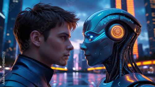 A Stark Encounter, Man and Robot Android Face Off in a Futuristic Cityscape, Their Gazes Locked in Silent Confrontation,