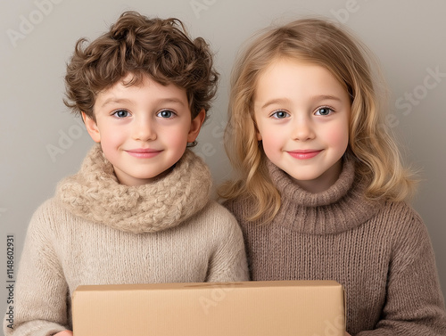 Two siblings are happily preparing toys for packing while smiling at one another photo