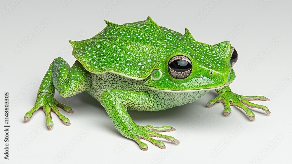 Fototapeta premium Close-up of a vibrant green frog with unique skin texture, isolated on a white background.