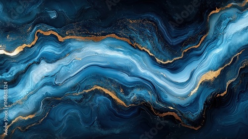 Abstract fluid art painting in blue and gold.