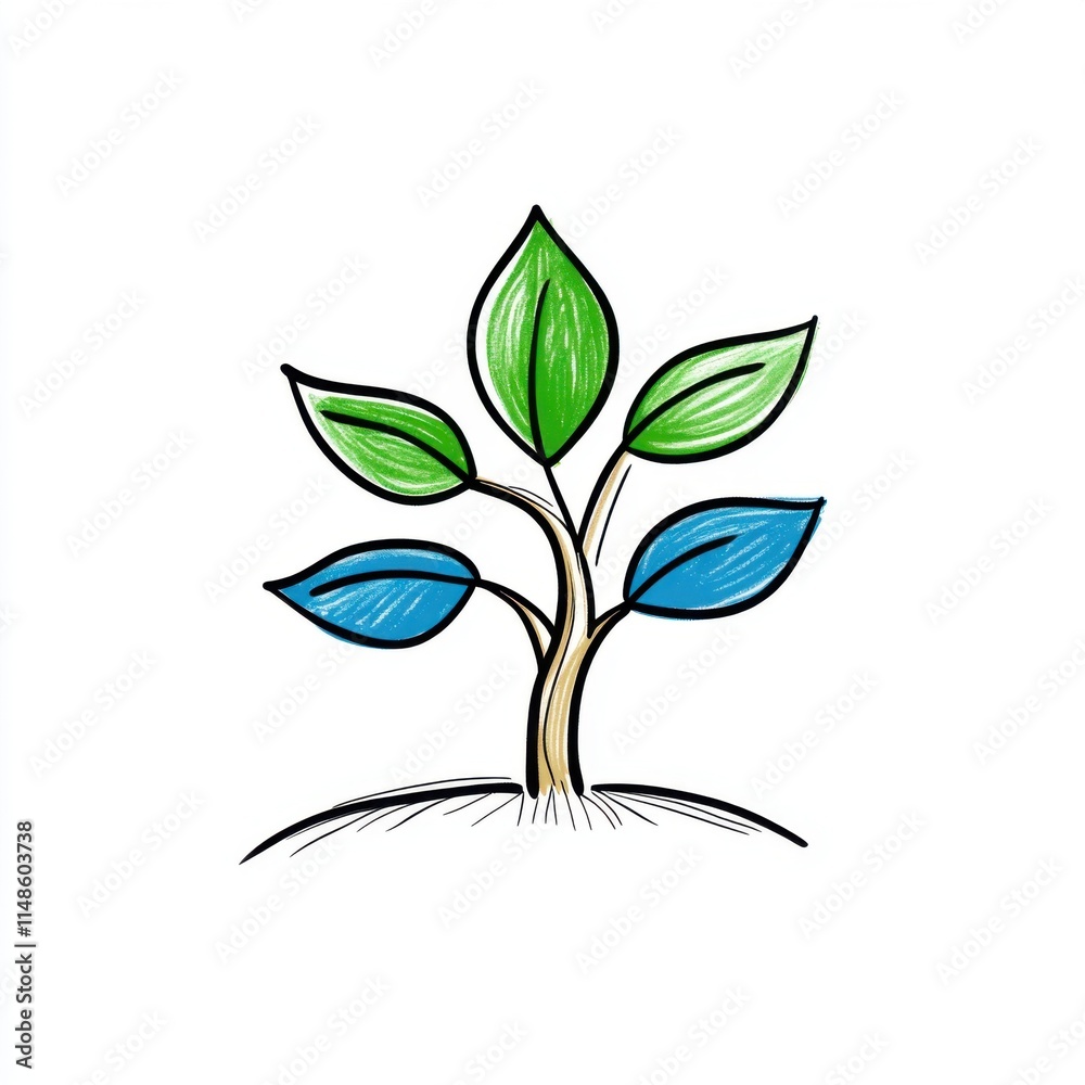 Hand-Drawn Tree with Various Green Leaves and Roots in Simple Sketch Style on White Background Hand-Drawn Tree with Various Green Leaves and Roots in Simple Sketch Style on White Background