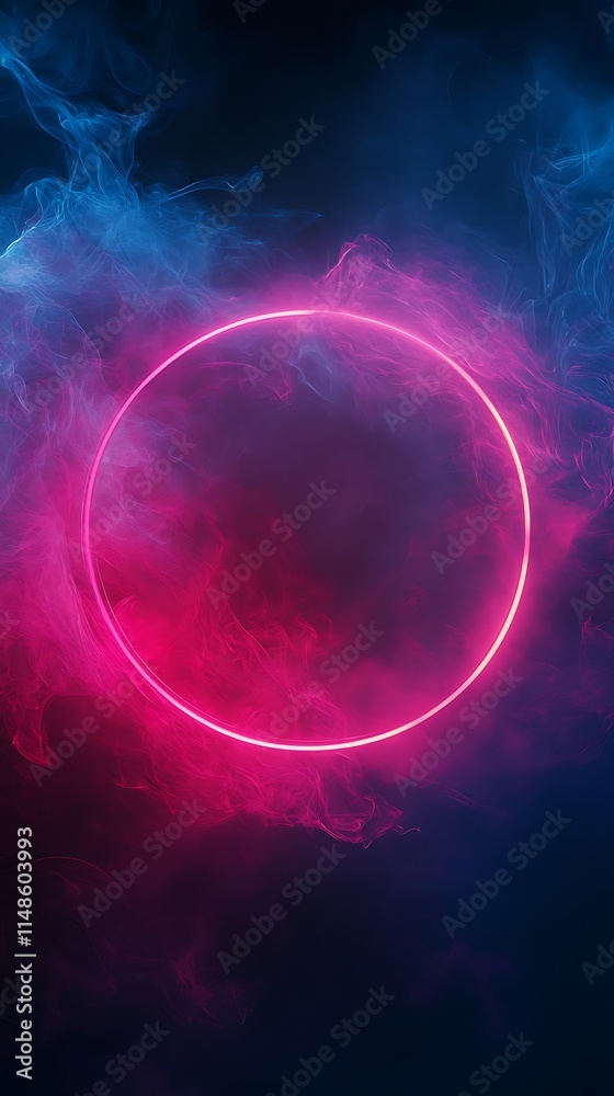 Obraz premium Neon circle on dark background with smoke and fog.