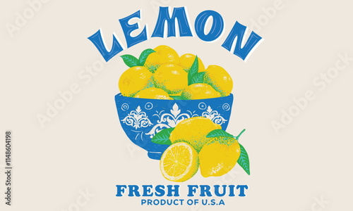Nature fruit club print design. Organic food artwork for for t-shirt. Fruit vintage t-shirt design. Squeezed art. Summer food poster design. Lemon fruit artwork. Fresh lemon fruit print. ceramic bowl.