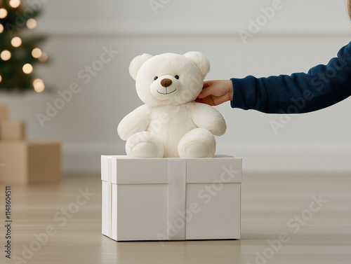 A child carefully sets a plush bear atop a holiday gift box in a cozy atmosphere photo