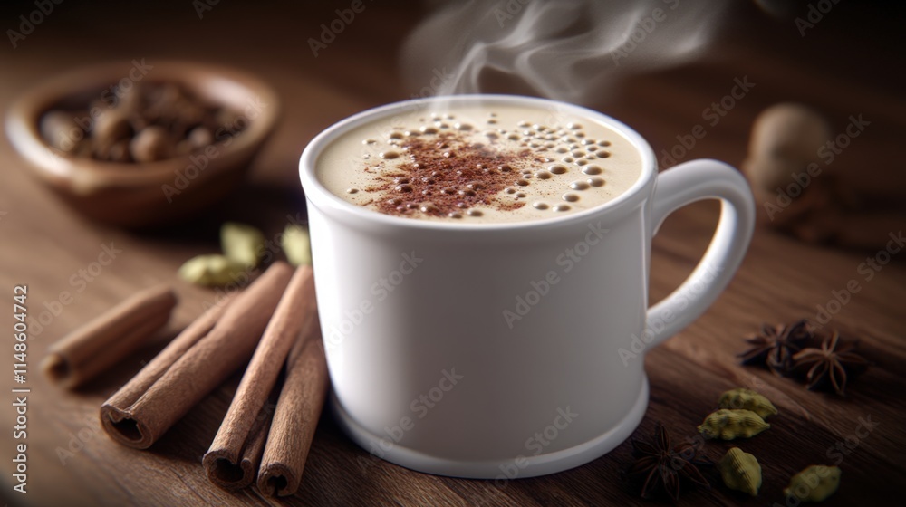 Steaming spiced latte in white mug with cinnamon, cardamom, star anise, and nutmeg. Steaming spiced latte in white mug with cinnamon, cardamom, star anise, and nutmeg.