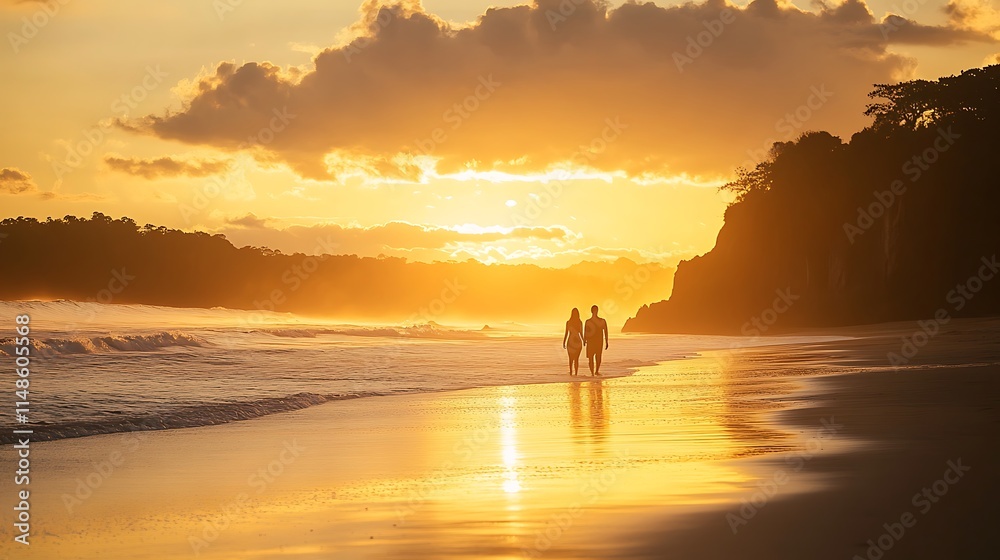 Obraz premium Silhouette of couple walking on beach at sunset.