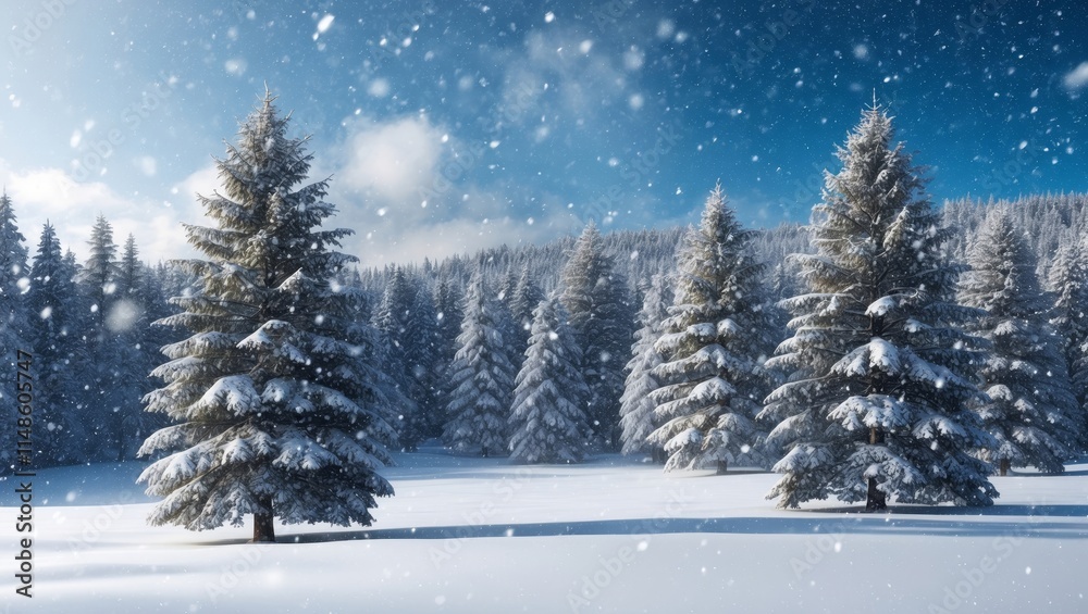 Snowy winter panorama with fir trees falling snowflakes