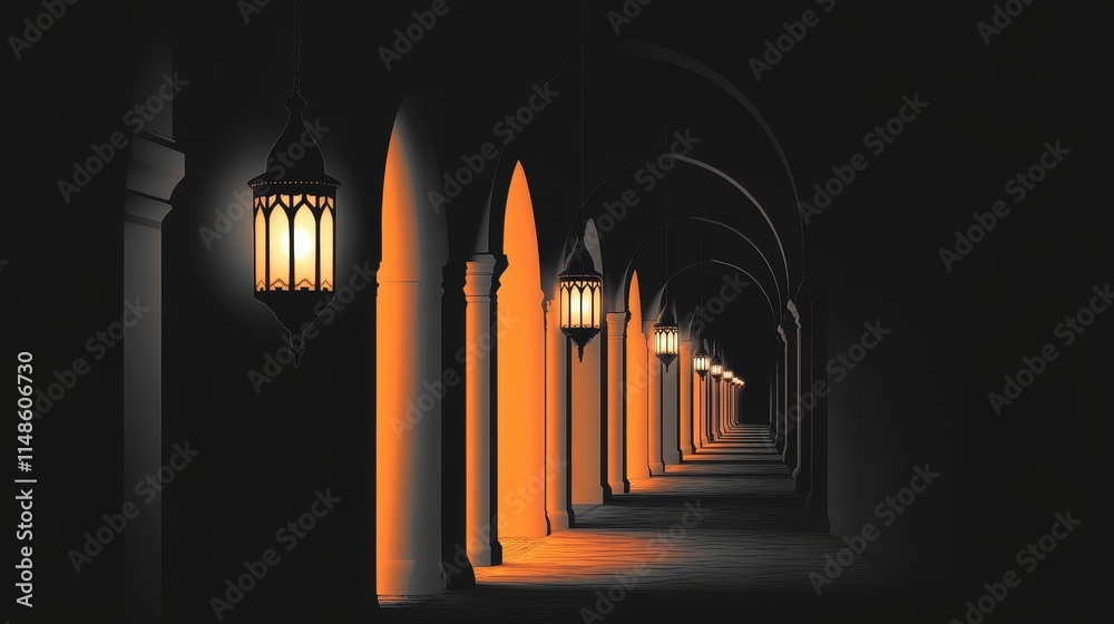 A dimly lit background, futuristic with arches and lantern, background creating a mysterious atmosphere. A dimly lit background, futuristic with arches and lantern, background creating a mysterious atmosphere.