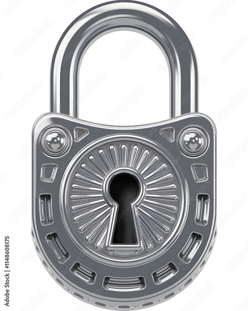 igh-Security Shiny Silver Padlock with Circular Body and Keyhole. igh-Security Shiny Silver Padlock with Circular Body and Keyhole.