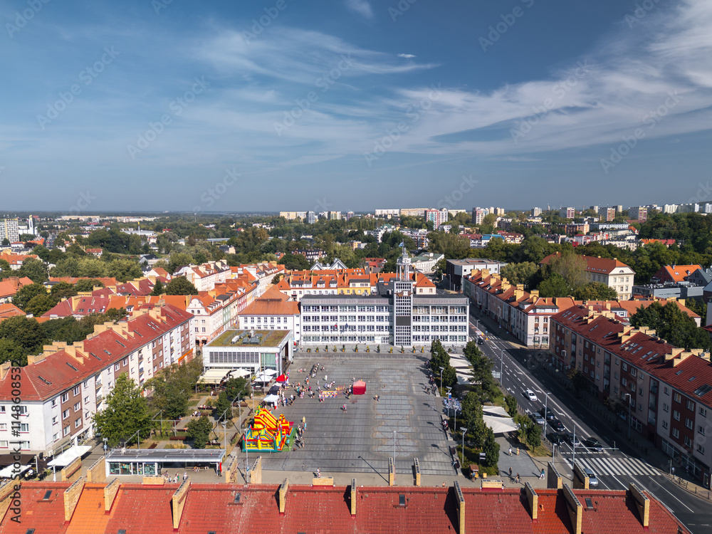 Summer skyline cityscape of Koszalin, West Pomerania (Zachodniopomorskie), Poland. Aerial panoramic view of Old Town square (Koszaliński Rynek Staromiejski) with Town Hall (Ratusz) and Cathedral