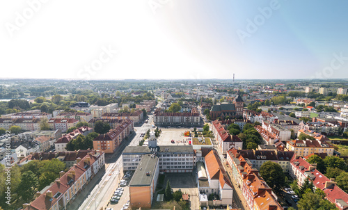 Obraz na płótnie Summer skyline cityscape of Koszalin, West Pomerania (Zachodniopomorskie), Poland. Wide aerial panorama of Old Town square (Koszaliński Rynek Staromiejski) with Town Hall (Ratusz) and Cathedral w salonie