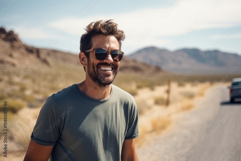 Portrait of a happy young man with sunglasses smiling in the desert Portrait of a happy young man with sunglasses smiling in the desert