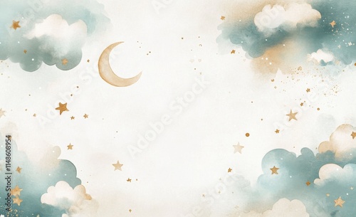 Watercolor clouds and stars and moon pattern on a white background, in pastel colors of light blue, beige, and gold photo