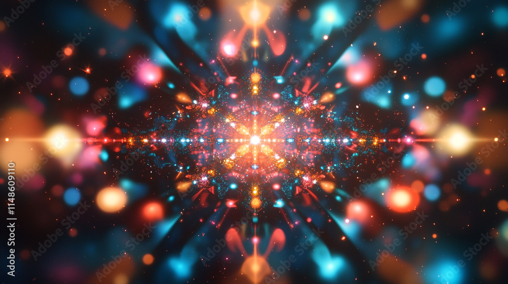 Colorful abstract light burst with vibrant patterns andlowing particles.
