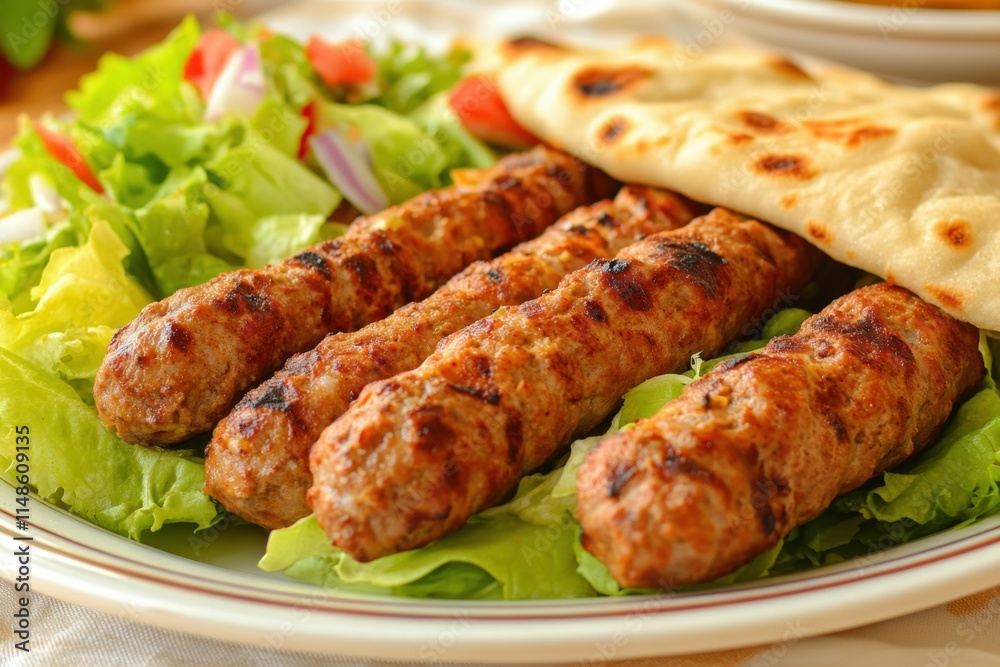 Grilled kebab skewers served with salad and flatbread. Grilled kebab skewers served with salad and flatbread.