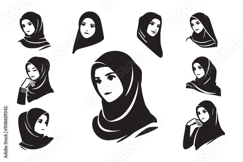 Hijabi Gilr Face silhouette vector illustration with a white background