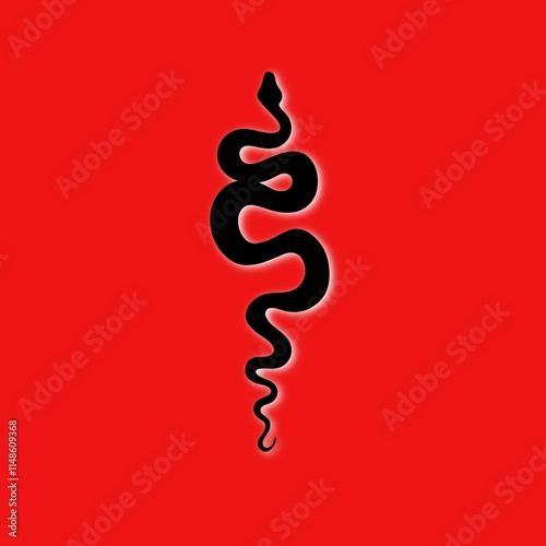 Tattoo snake on a red background. Traditional black dot style ink. Traditiona...