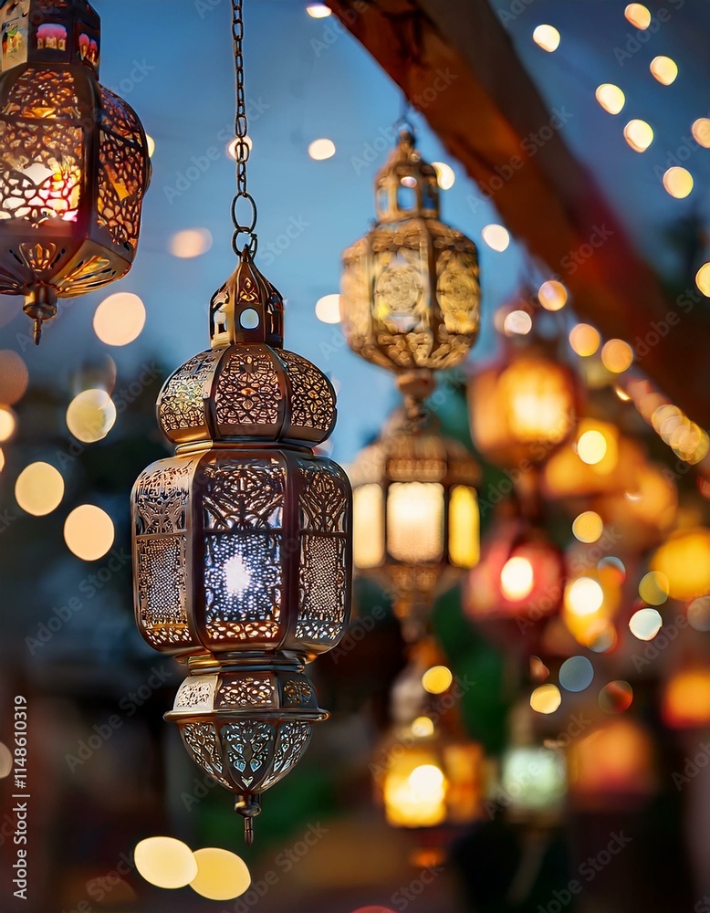 The lanterns appear to be part of a festive or cultural decoration, likely in an outdoor setting at sunset or dusk The lanterns appear to be part of a festive or cultural decoration, likely in an outdoor setting at sunset or dusk