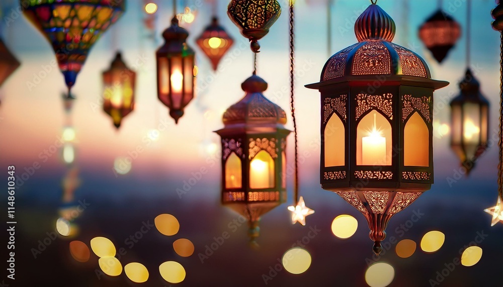 Fototapeta premium Ideal for use in themes related to Ramadan, Eid celebrations, cultural events, or decorative lighting promotions