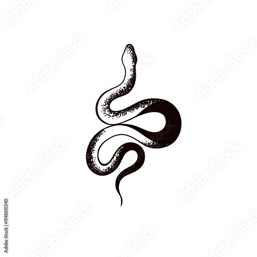 Tattoo snake. Traditional black dot style ink. Isolated illustration. Traditi...