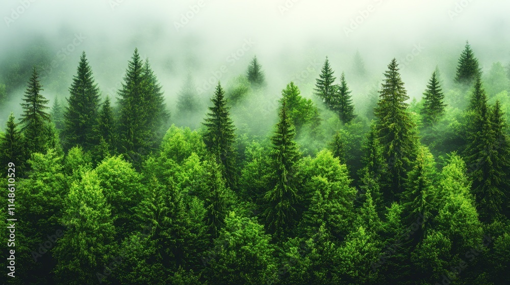 Obraz premium Misty green forest, aerial view.