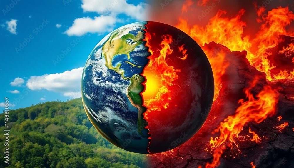 Climate Change Earth Divided Green Paradise vs Burning Inferno Climate Change Earth Divided Green Paradise vs Burning Inferno
