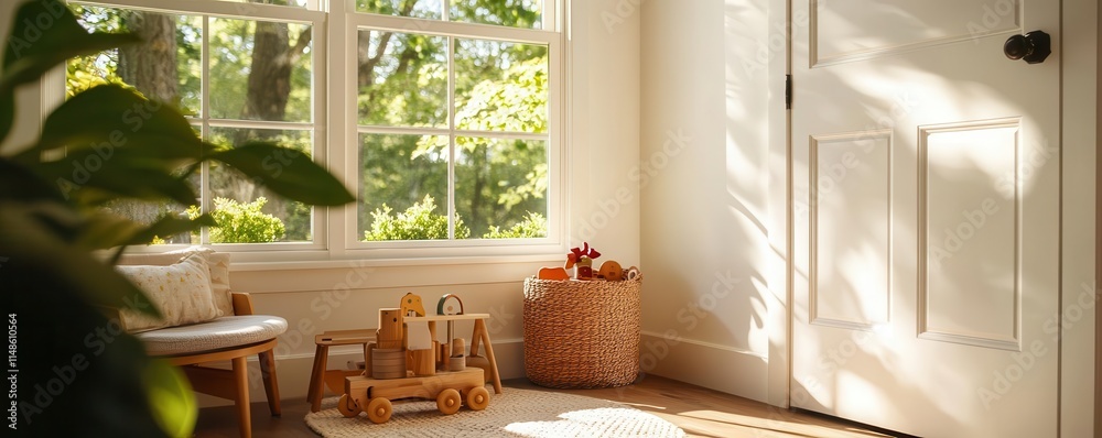 A bright, airy room with natural light, featuring a cozy chair, wooden toys, a basket, and a welcoming atmosphere. A bright, airy room with natural light, featuring a cozy chair, wooden toys, a basket, and a welcoming atmosphere.