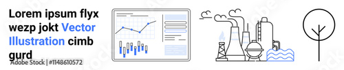 Statistical analysis graphs, industrial buildings emitting smoke, a leafless tree with blue waves. Ideal for environmental research, pollution analysis, data science, industrial studies, climate