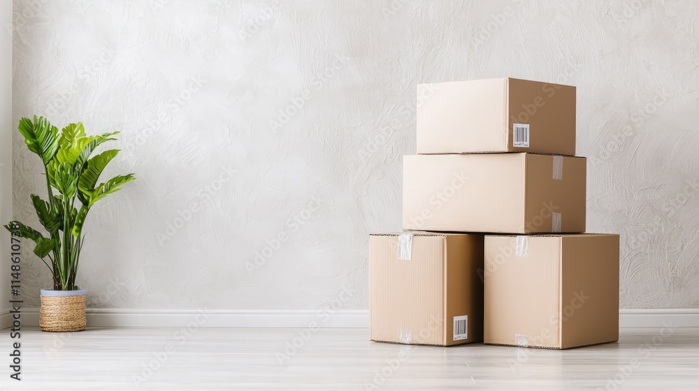 Stacked cardboard boxes in empty room, next to a plant. Stacked cardboard boxes in empty room, next to a plant.