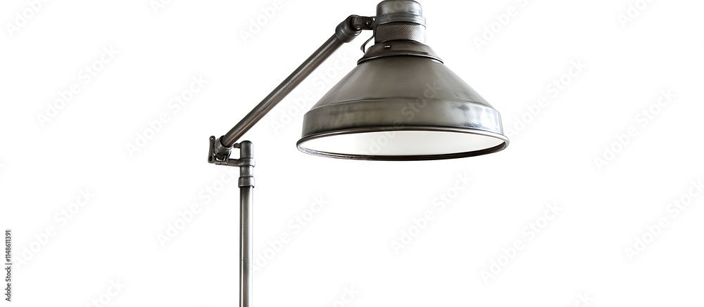 Industrial floor lamp with a metal frame and adjustable arm, isolated on a white background, high-quality professional photography. Industrial floor lamp with a metal frame and adjustable arm, isolated on a white background, high-quality professional photography.