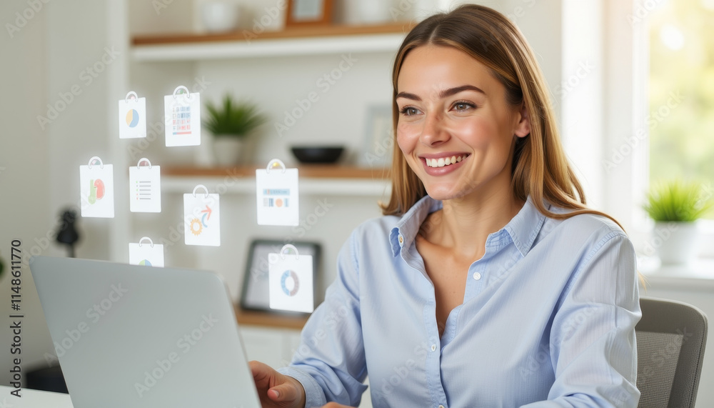 Smiling professional engaging with virtual elements on laptop in a bright, modern workspace Smiling professional engaging with virtual elements on laptop in a bright, modern workspace