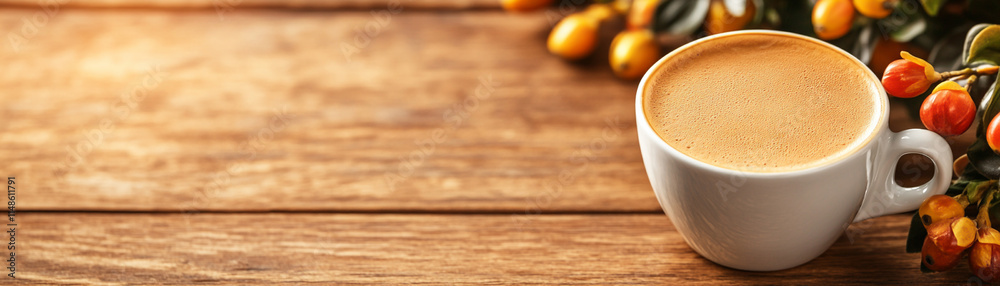 Fototapeta premium A cozy cup of coffee sits on a wooden table, surrounded by vibrant autumn leaves.