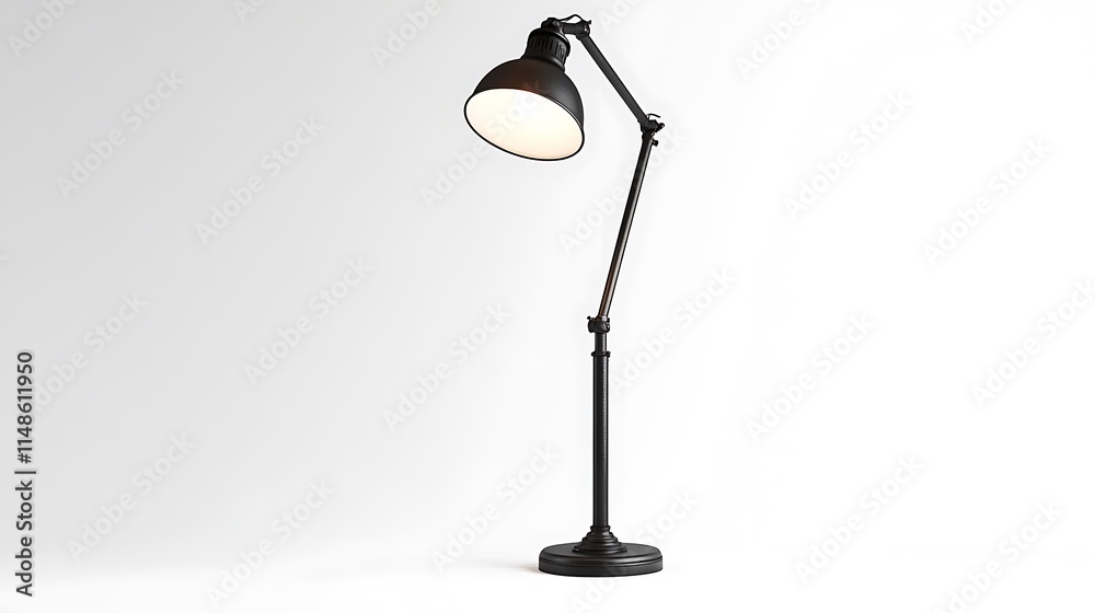 Industrial style black floor lamp with an adjustable arm, isolated on a white background, professional photography. Industrial style black floor lamp with an adjustable arm, isolated on a white background, professional photography.