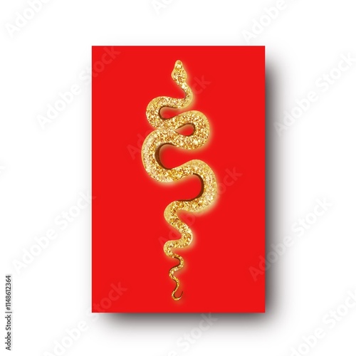 Tattoo gold snake on a red background. Traditional black dot style ink. Tradi...