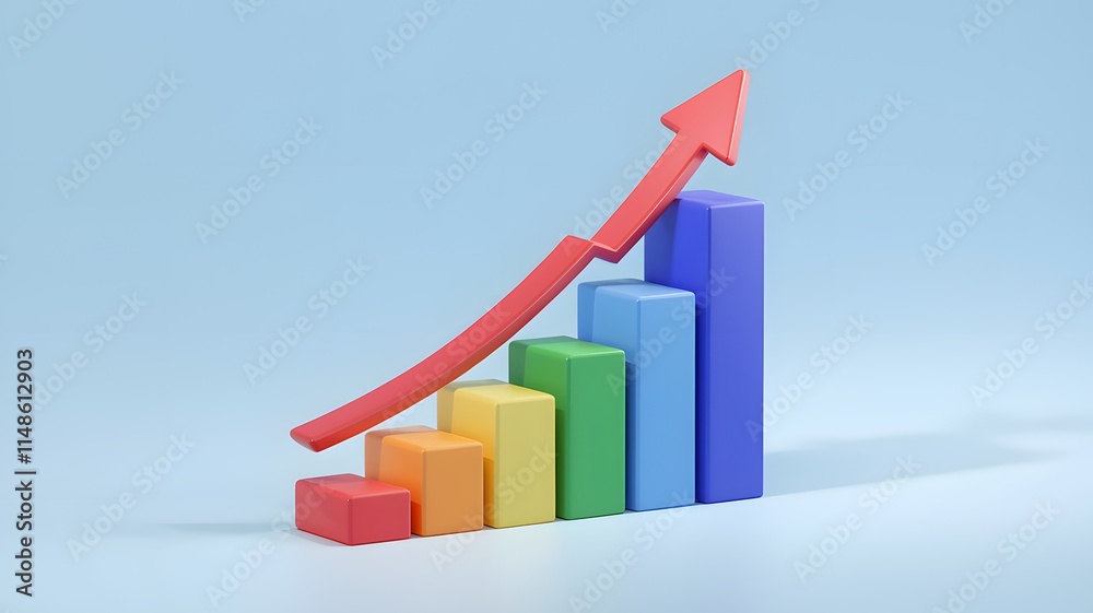 Colorful Bar Chart with Red Zigzag Arrow Indicating Upward Trend on Blue Background. Colorful Bar Chart with Red Zigzag Arrow Indicating Upward Trend on Blue Background.