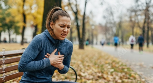 Young caucasian woman experiencing chest pain in autumn park setting for health awareness