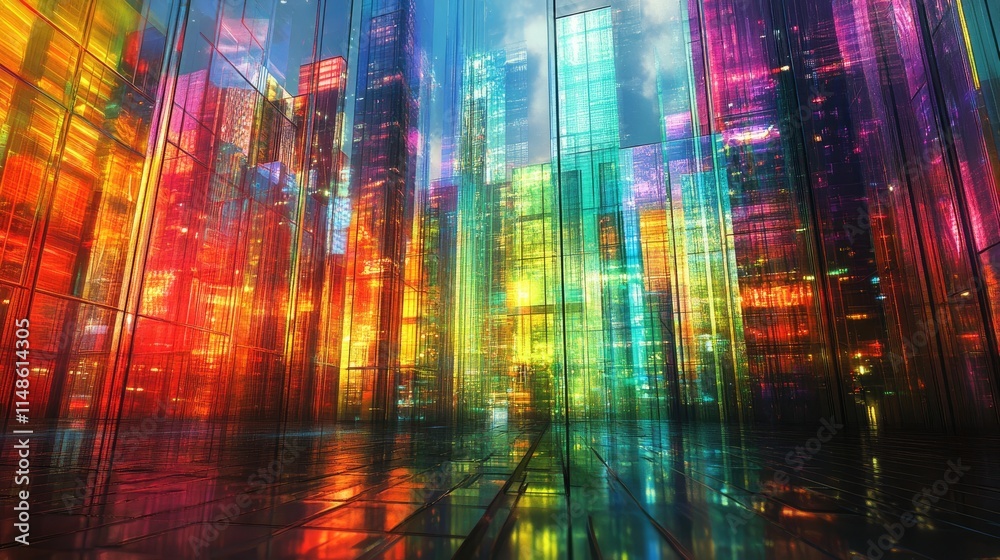 Vibrant colorful cityscape at night, reflecting lights and skyscrapers. Vibrant colorful cityscape at night, reflecting lights and skyscrapers.