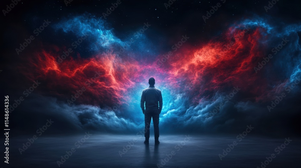 Person Standing Alone in Cosmic Space with Red and Blue Nebula Background, Mystical and Dreamlike Scene Person Standing Alone in Cosmic Space with Red and Blue Nebula Background, Mystical and Dreamlike Scene