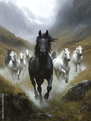 A dynamic scene of a black horse leading a group of galloping white horses through a misty mountain valley. photo