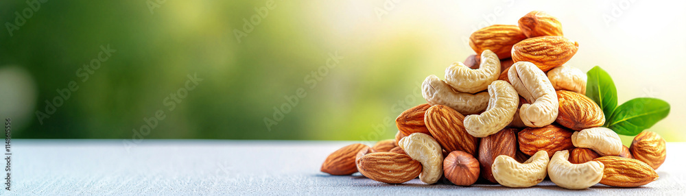 A vibrant display of mixed nuts showcasing almonds, cashews, and peanuts, garnished with leaves. A vibrant display of mixed nuts showcasing almonds, cashews, and peanuts, garnished with leaves.